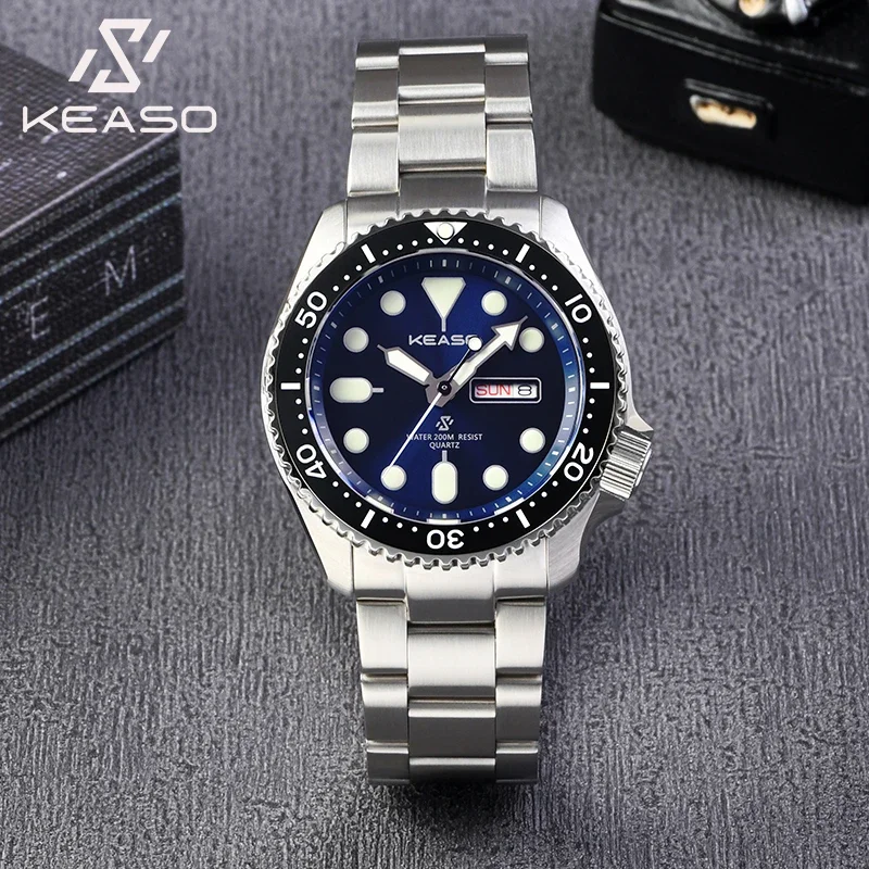 KEASO Luxury Brand Men Quartz Watch Sapphire Mirror Ceramic Bezel Swiss MIYOTA 2105 Quartz Movement 316L Steel Waterproof Watche