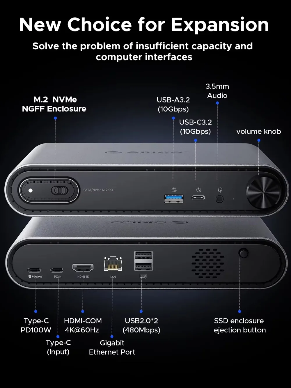 ORICO 10 in 1 USB C 도킹 스테이션 USB 허브 어댑터 M.2 NVMe SSD 케이스(PD100W 충전 이더넷 4K60Hz HDMI-com 3.5mm 오디오 포함)