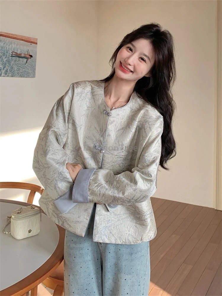

Elegant Round Collar Retro Disc Buckle Chinese Tang Suit Coat Spring Autumn Women Jacquard Jacket Daily Office Lady Outerwear