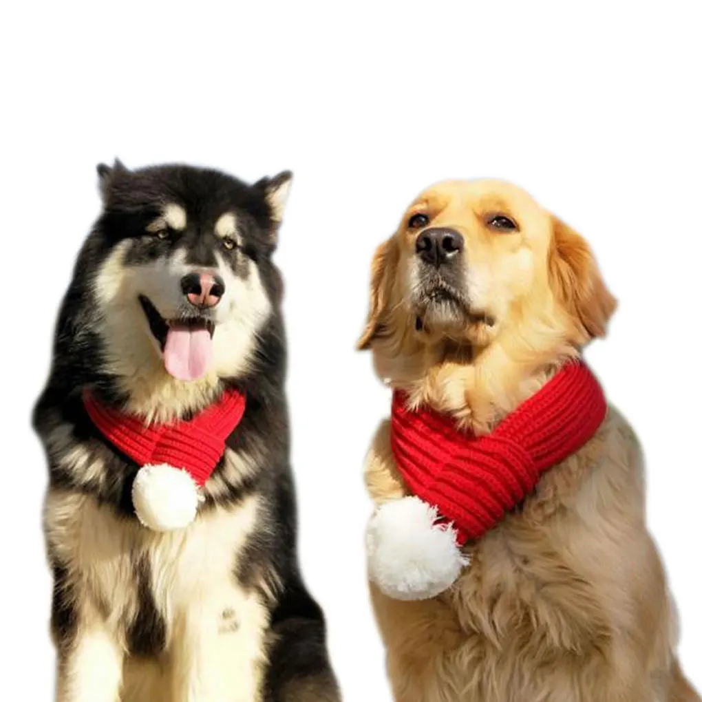 Knit Soft And Warm Pet Christmas Scarf With White Pompoms Winter Walks Pet Christmas Scarves