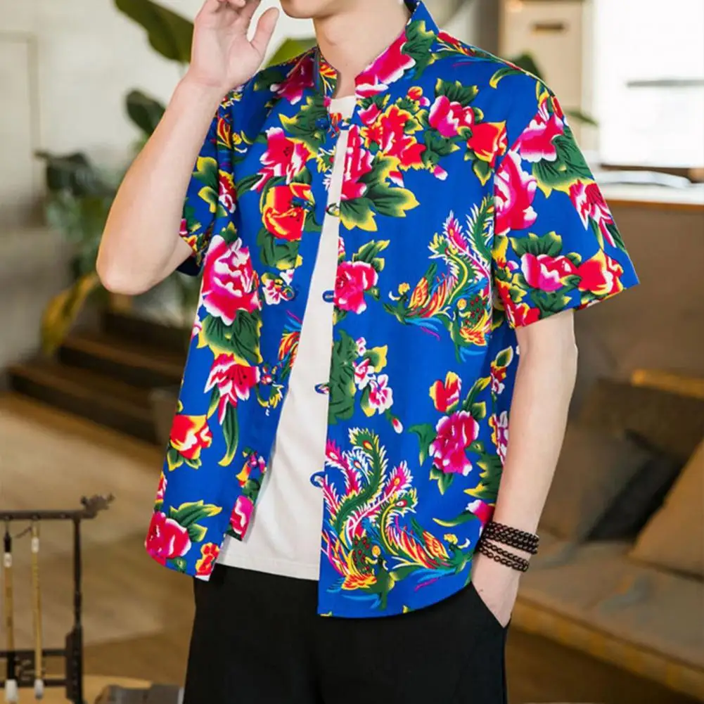 Regular Fit Men Shirt Vintage Chinese Style Men's Summer Shirt with Stand Collar Northeastern Flower Pattern Short Sleeve Casual