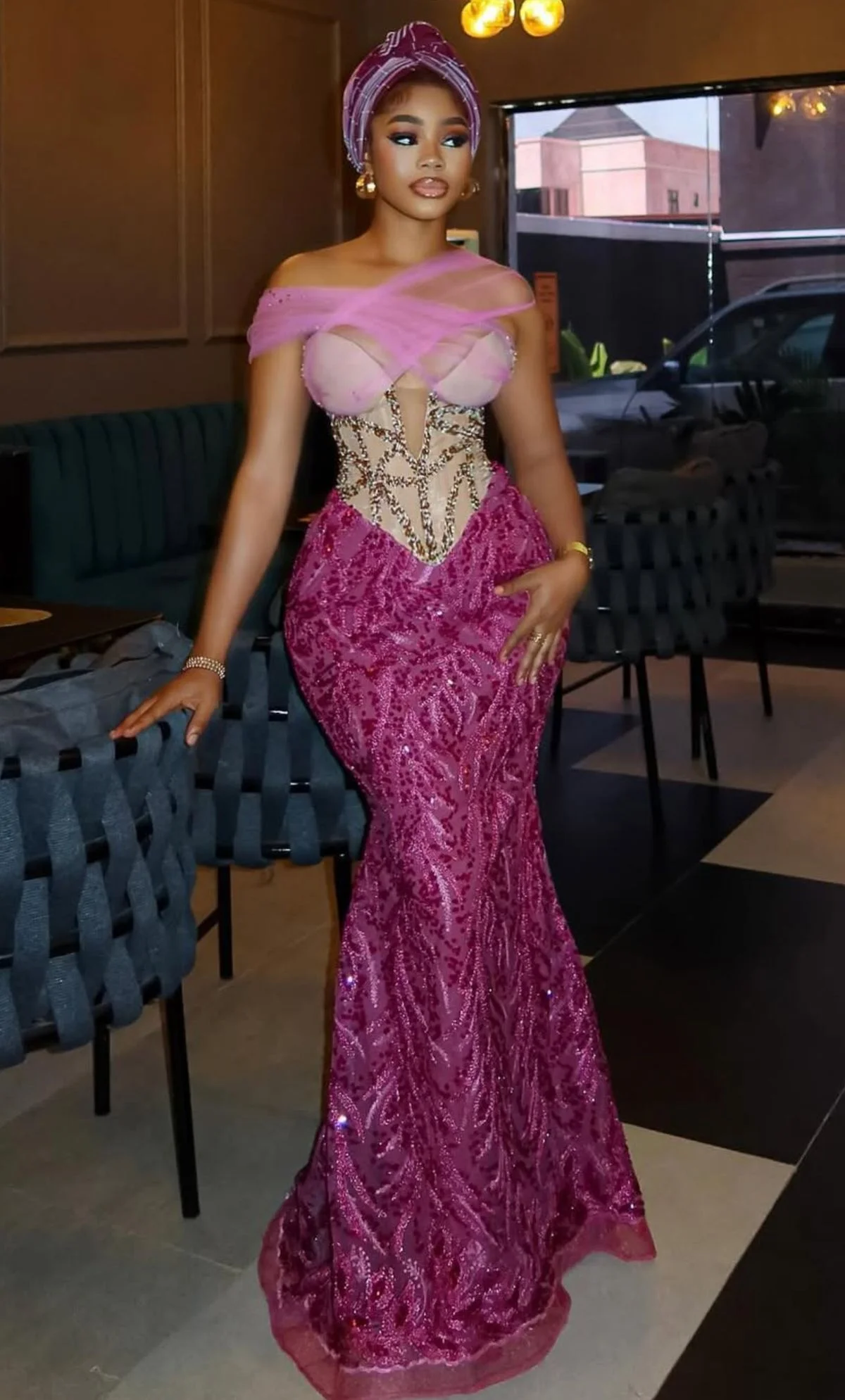

New Aso Ebi Mermaid Lace Crystal Evening Dress Sexy Waist Cinching Corset Formal Occasion Birthday Party Prom Dress Customized