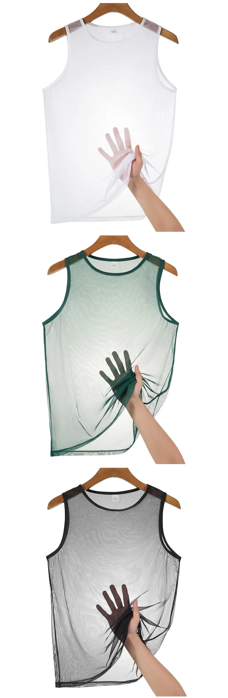 Durchsichtiges, dehnbares, ärmelloses Tanktop aus Mesh für Herren mit Rundhalsausschnitt, atmungsaktiv, weich, leicht, sexy Unterhemd – Detail 6