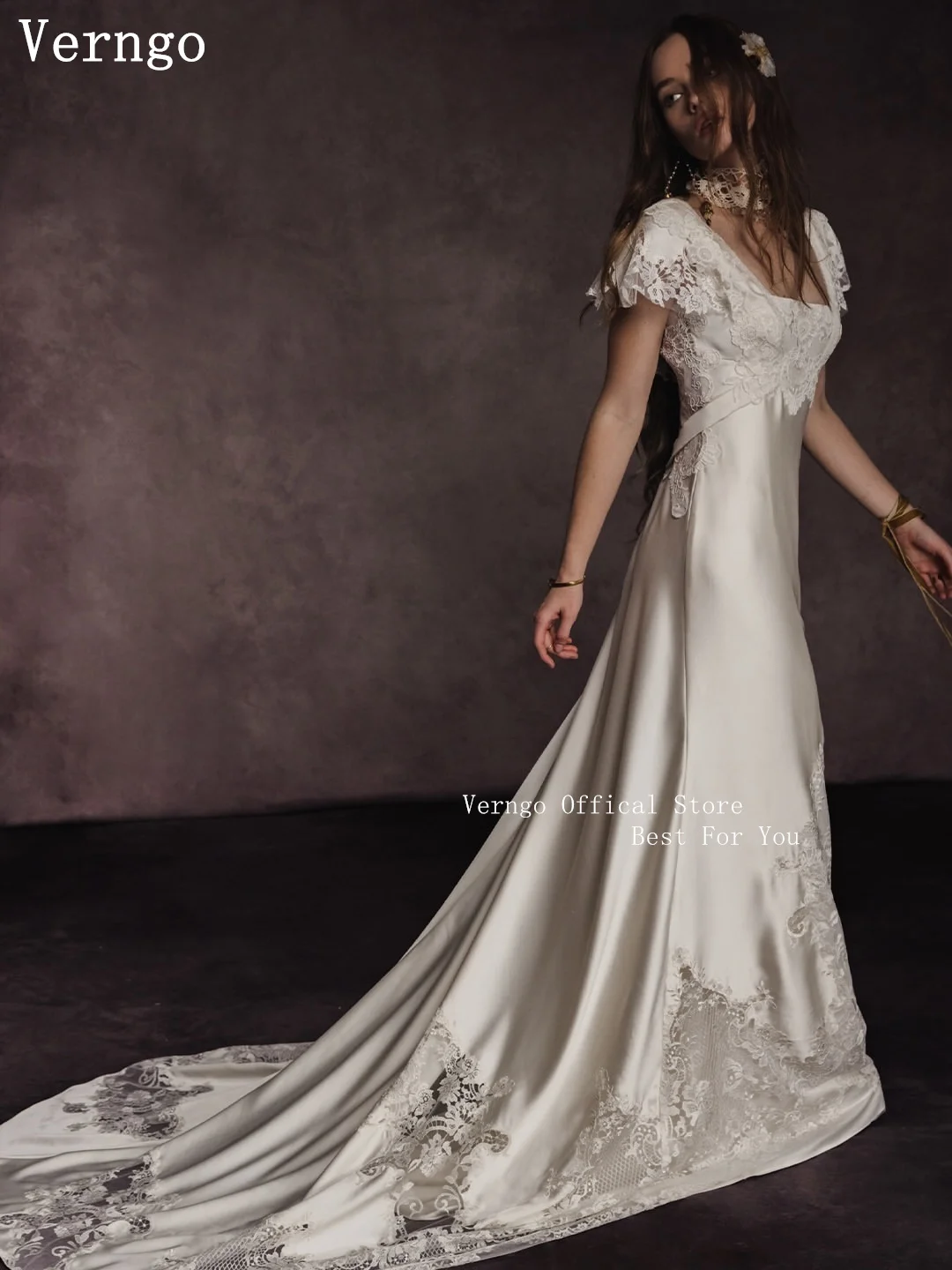 Picture 6: Verngo Luxury Satin Wedding Dress Square Collar A Line Short Sleeves Bridal Gowns Women Elegant Wedding Dress Customized