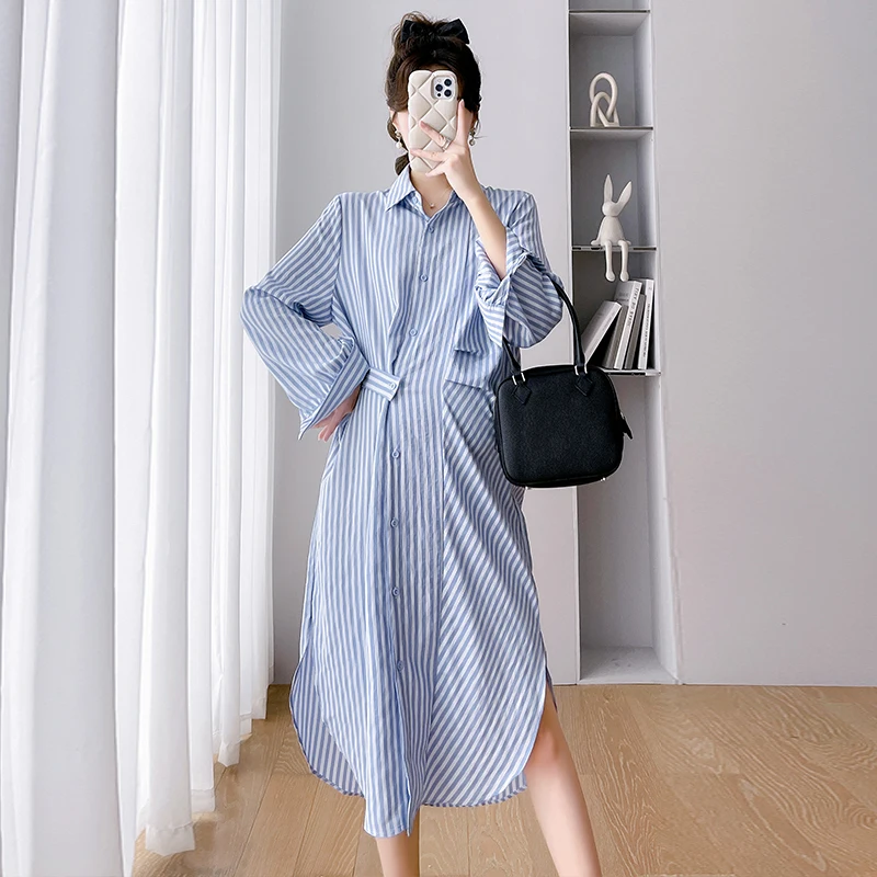 Autumn Maternity Cotton Clothes Long Loose Casual Shirts Side Split Turn-down Collar Button Pregnant Woman Striped Dress+Capes