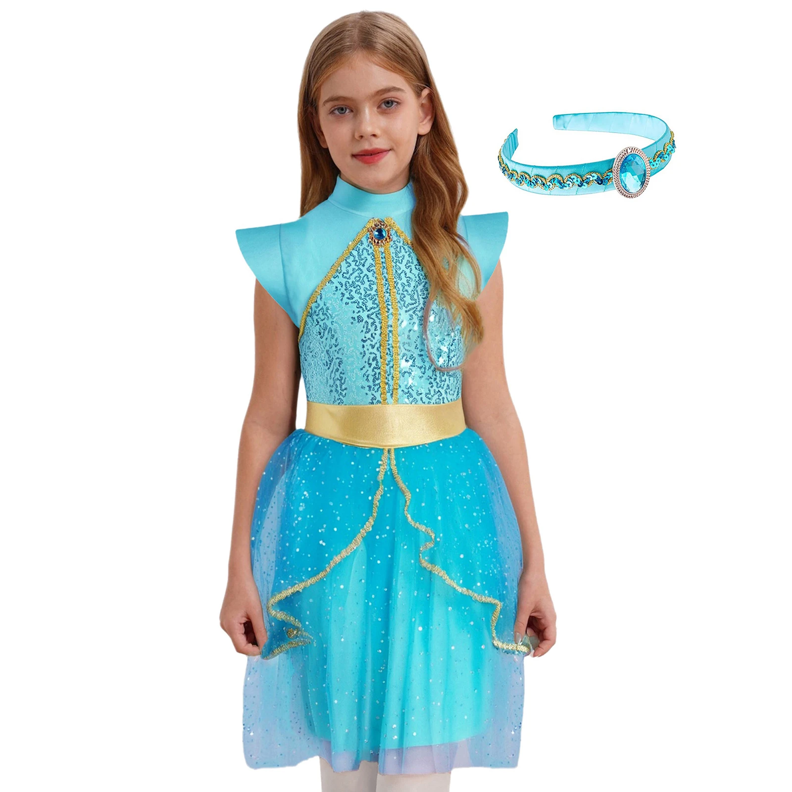 

Kids Girls Arabian Princess Costume 2Pcs Rhinestone Golden Woven Tape Sequins Tulle Tutu Dress Mesh Overlay Skirt Fancy Dress up