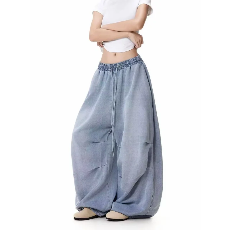 American Style Loose Fit Jazz Dance Women's Jeans Washed out Vintage Elastic Waist Wide Leg Casual Long Pants