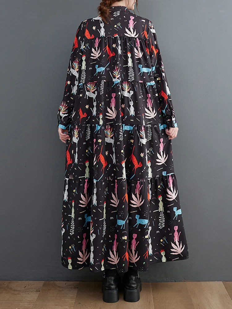 Long Sleeve Vintage Print Dresses For Women Loose Casual Shirt Long Dress Vestidos Fashion Elegant Clothing Spring Autumn 2025