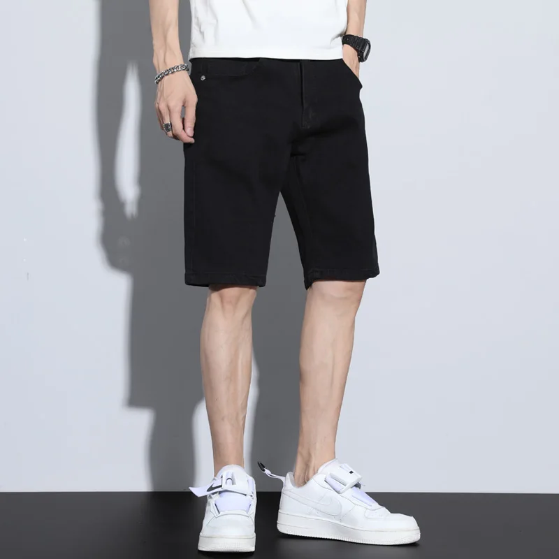 Summer New Casual Men\'s White Black Denim Shorts Solid Color Straight Slim Hole Stretch Soft Beach Knee Length Short Jeans Male