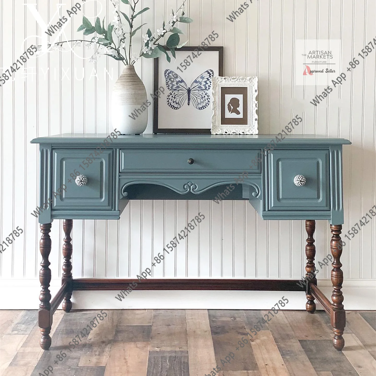 

French retro solid wood carving living room storage against the wall Entrance table American light luxury bedroom desk