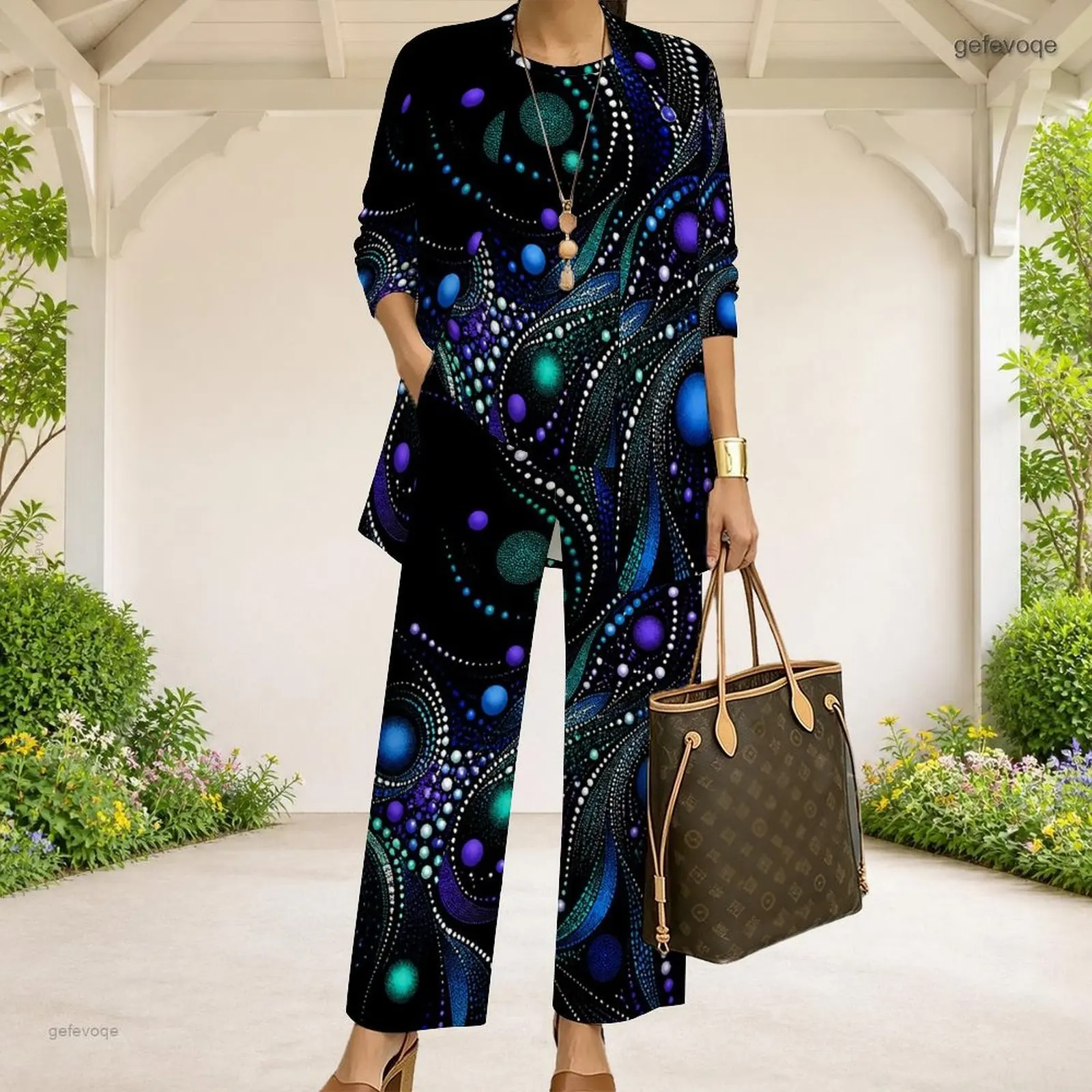 Women Black Dark Green Gold Abstract Swirl Printed 3 Piece Pants Set 3/4 Sleeve Cardigan Tank Top Long Pants - view 6