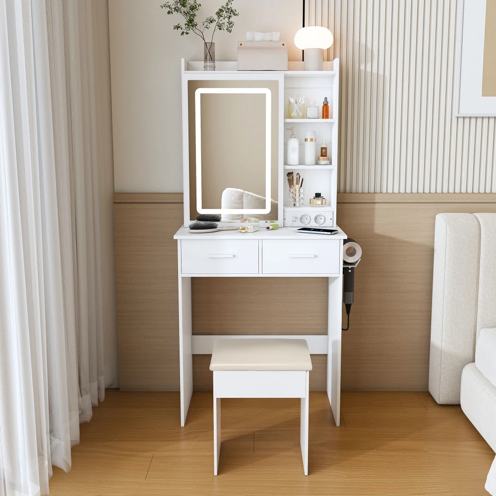Pequeño Tocador Blanco con Espejo, Luz LED Ajustable, Taburete Acolchado, Estante de Almacenamiento Oculto, Ahorro de Espacio