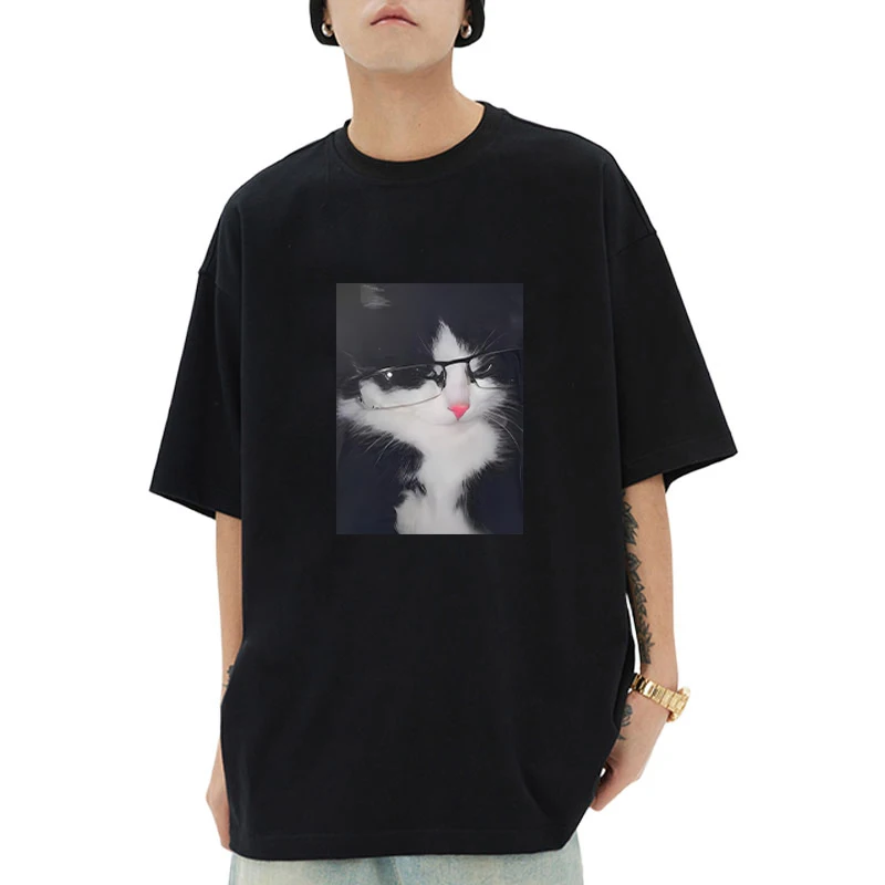 

Cute Kawaii Glasses Wearing Kitten Pattern Printed short sleeve T-shirts Men Women Fashion Cotton Casual Tshirt High Quality Top