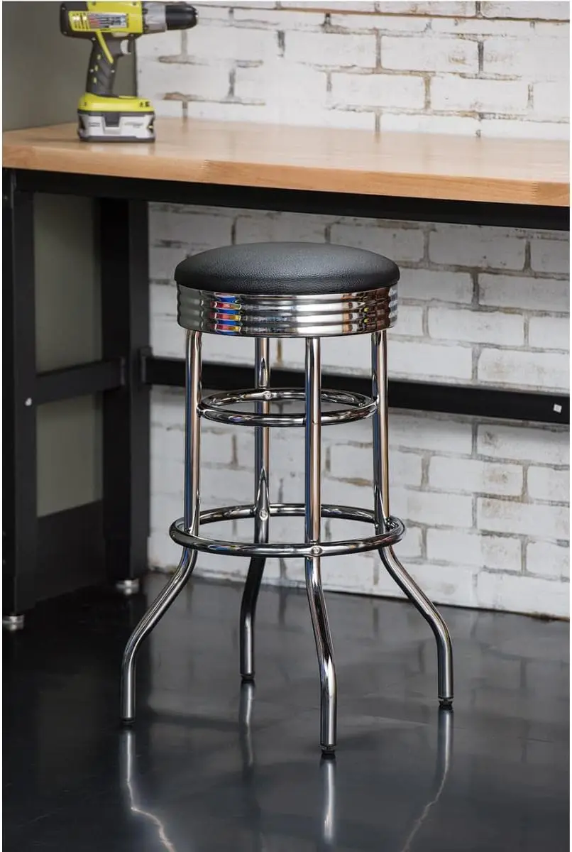 مقعد مرتفع دوار مقاس 30 بوصة مع لمسة نهائية من الكروم ومقعد من الجلد الصناعي للمطبخ والمرآب ورشة العمل