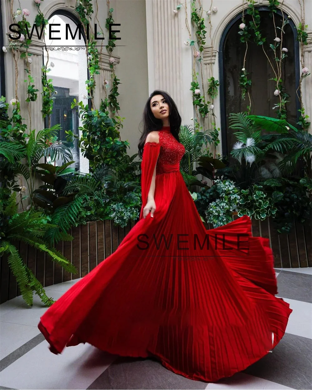 SWEMILE-Vestido elegante y bonito de Dubái para mujer, traje rojo con volantes y cremallera hasta el suelo