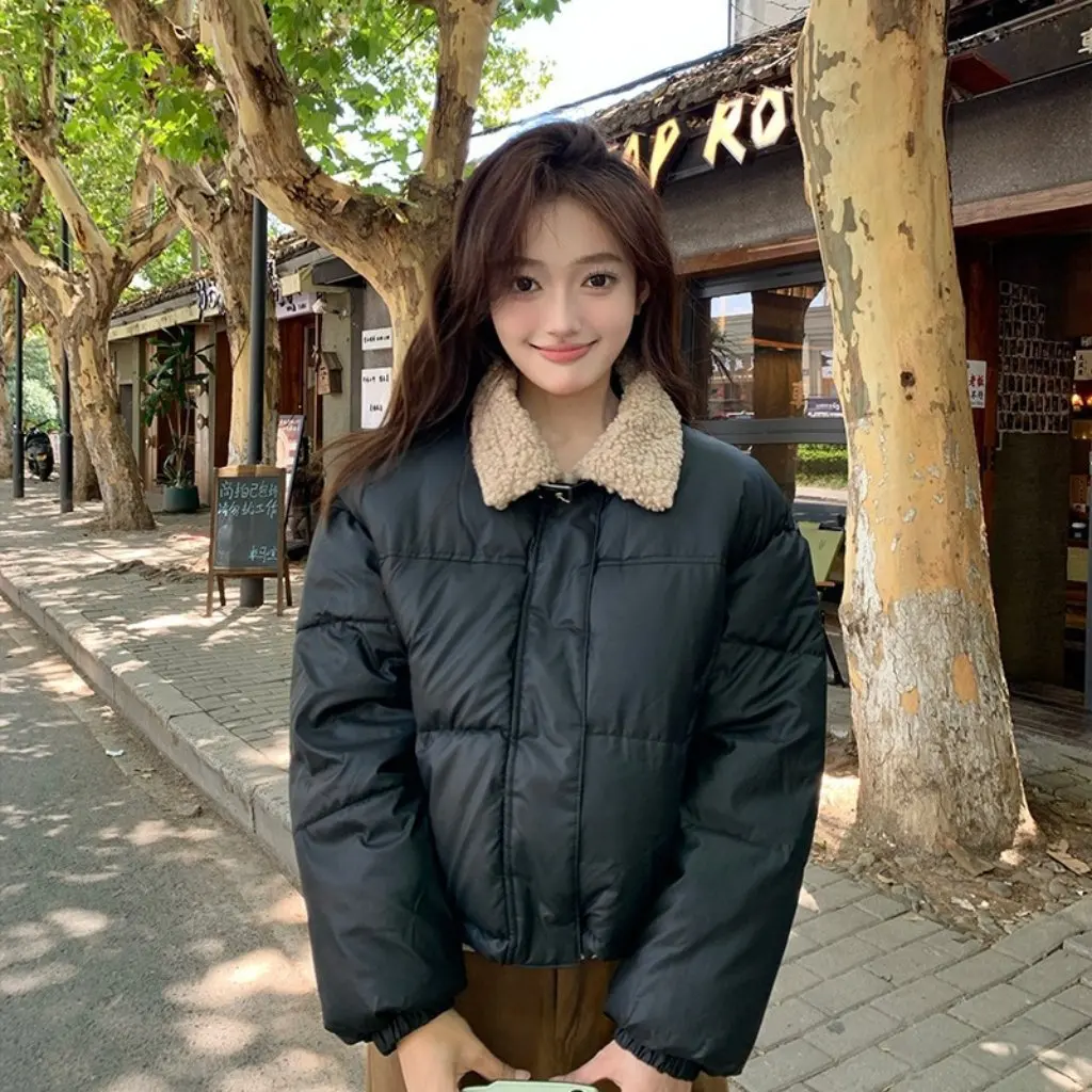 

Korean Version PU Cotton Coat for Women Stand Collar Thickened Warm Puffer Jacket with Lamb Wool No-Wash Leather Petite Size
