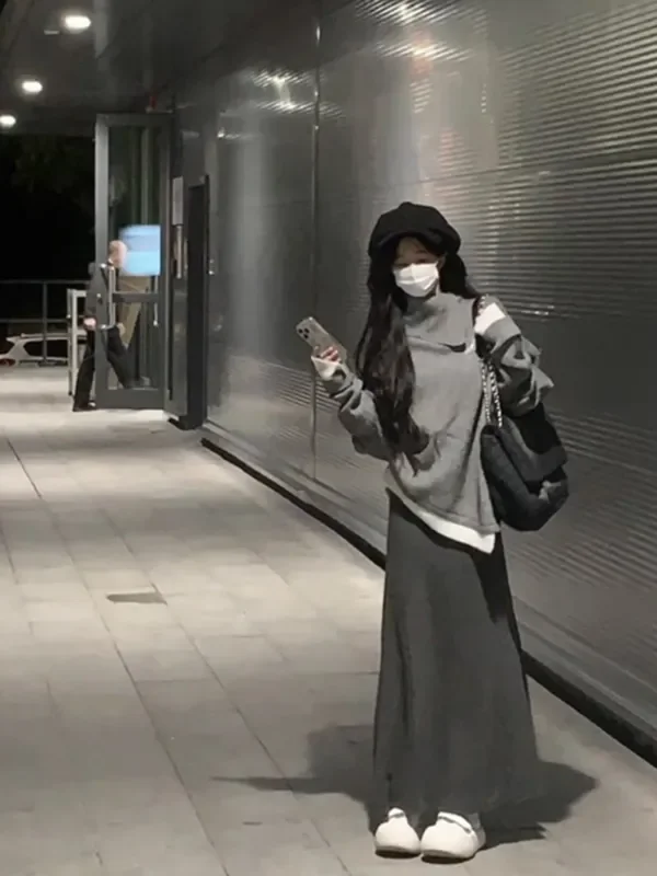 Two-piece Korean Style Vintage High Neck Irregular Cape Knitted Sweater Fishtail Skirt Autumn and Winter
