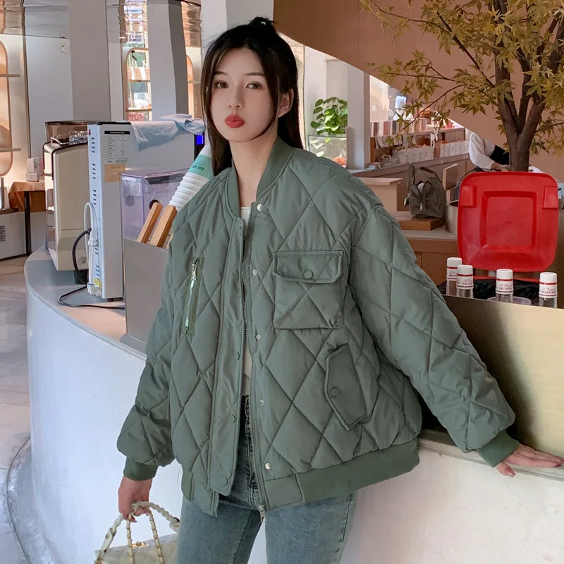 Zipper Casual Diamond Checkered Jacket Down Cotton Coat 2023 New Women's Autumn Winter Loose Fitting Long Sleeved Parkas