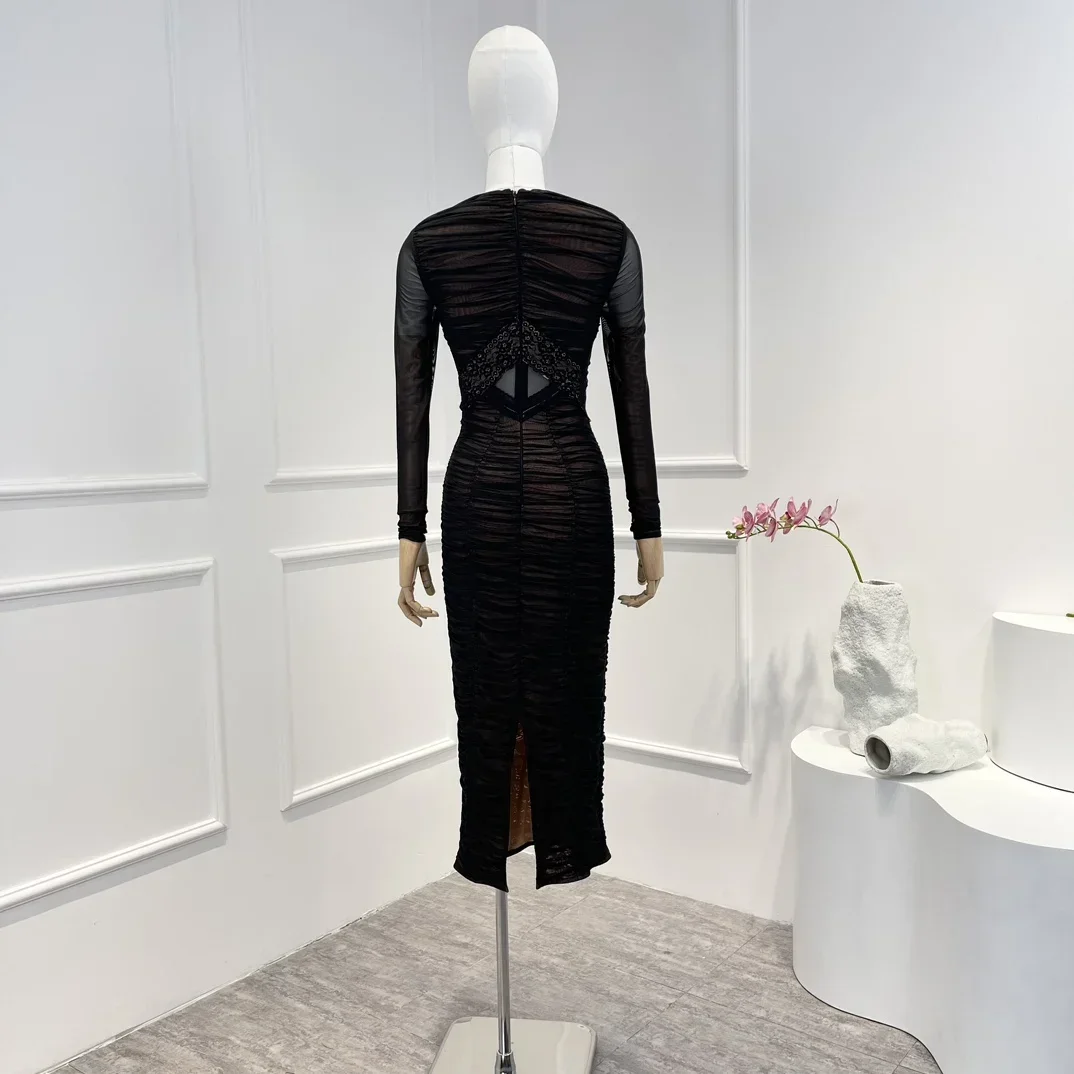 2023 nuovo arrivo di alta qualità autunno Slim Fit scollo a v pizzo nero Patchwork manica lunga increspato Tulle fessura vestito Midi per le donne