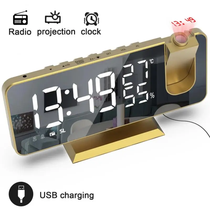 Projection Alarm Clock FM Radio Digital Led Table Clocks With 180° Arm LED Temperature Humidity Display Dimmer Часы Настольны