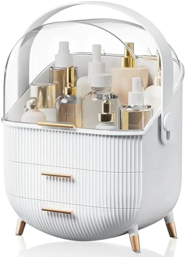 

Белый косметический органайзер с ящиками и прозрачной крышкой для хранения туалетного столика, ванной комнаты или спальни.