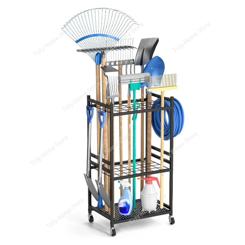 

Garden Tool Organizer Yard Tool Tower Rack with Hooks Wheels Long-Handled Rake Stand Holder for Garage Storage