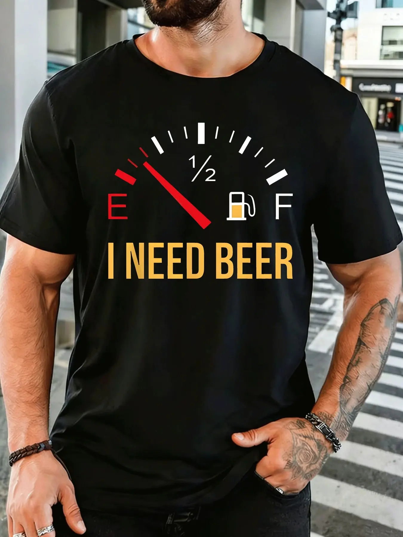 100% Cotton Men Fuel Gauge I Need Beer Funny Slogan Graphic Crew Neck Short Sleeve Soft Breathable Summer Casual Street Tops