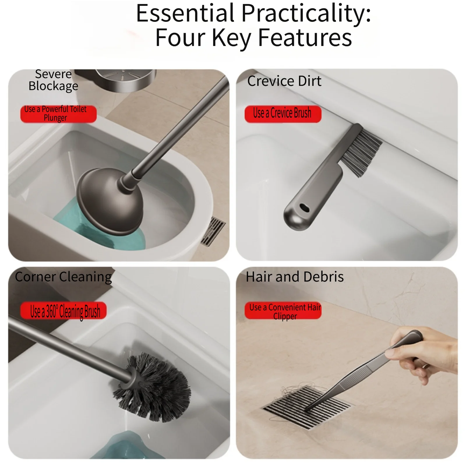 Wall Mounted Suction Cup Toilet Brush Holder with Ventilated Storage Design Includes Brush Crevice Brush and Hair Clip Tools