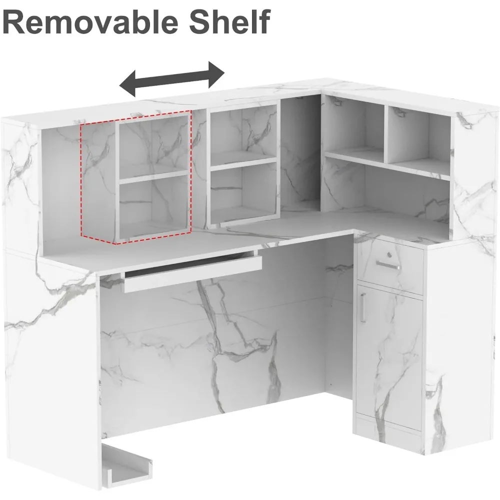 Reception Desk with Counter Drawers & Storage Shelves, L-Shaped Reception Counter Table for Salon  Room Checkout