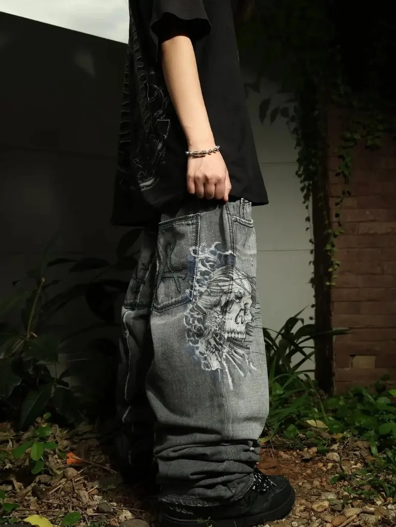 

Affliction New Skull Printing Baggy Jeans Men Women High Street Hole Vintage Hip Hop Fashion Casual Joker Couple Wide-leg Pants