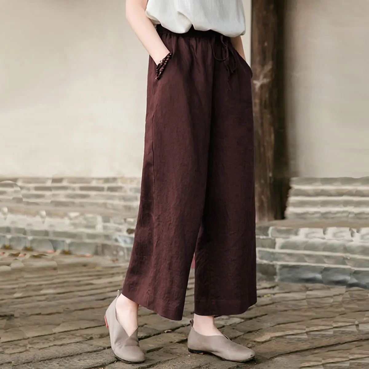 Letnie, luźne, lniane spodnie vintage z wysokim stanem