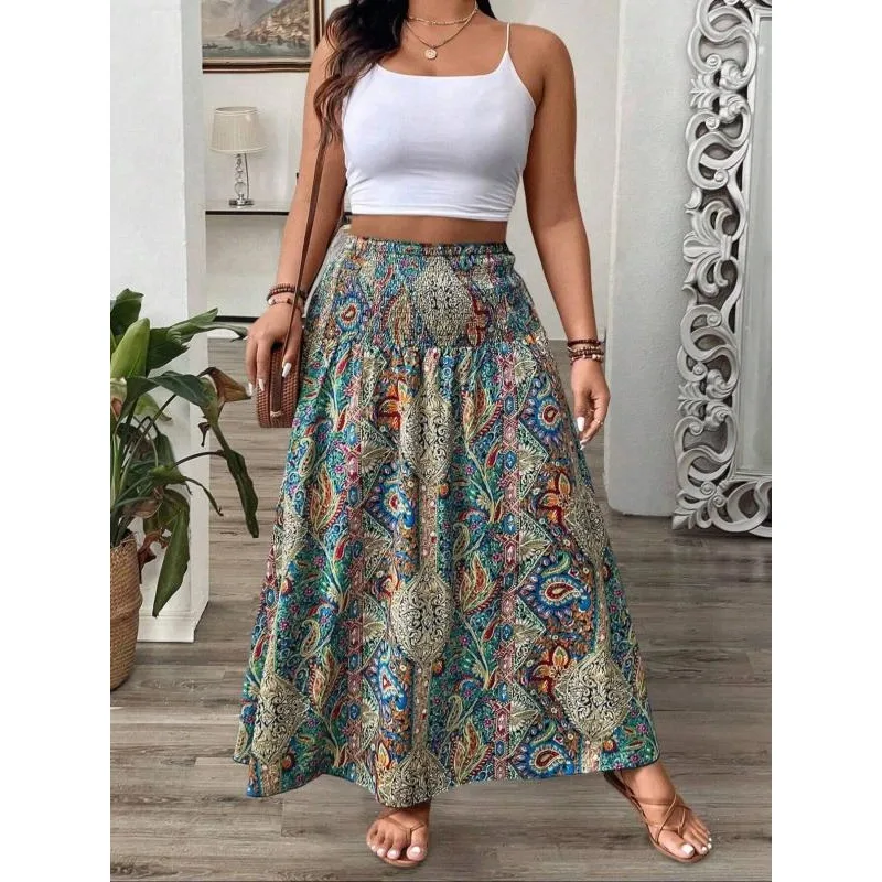 プラスサイズ 1XL-5XL 女性のボヘミアンプリントスカートレディースレジャー気質丈スカート弾性ウエスト女性ロングスカート