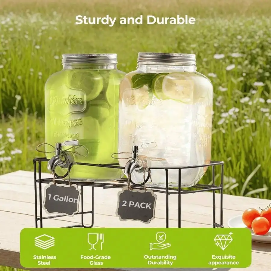 Glass Drink Dispenser Set Modern Sleek Beverage Dispenser 2 Pack 1 Gallon Glass Drink Dispenser With Metal Stand Stainless Steel Spigot Ice Infuser Cylinder For Party Outdoor Barbecue Weddings Lemonade Housewarming Gift
