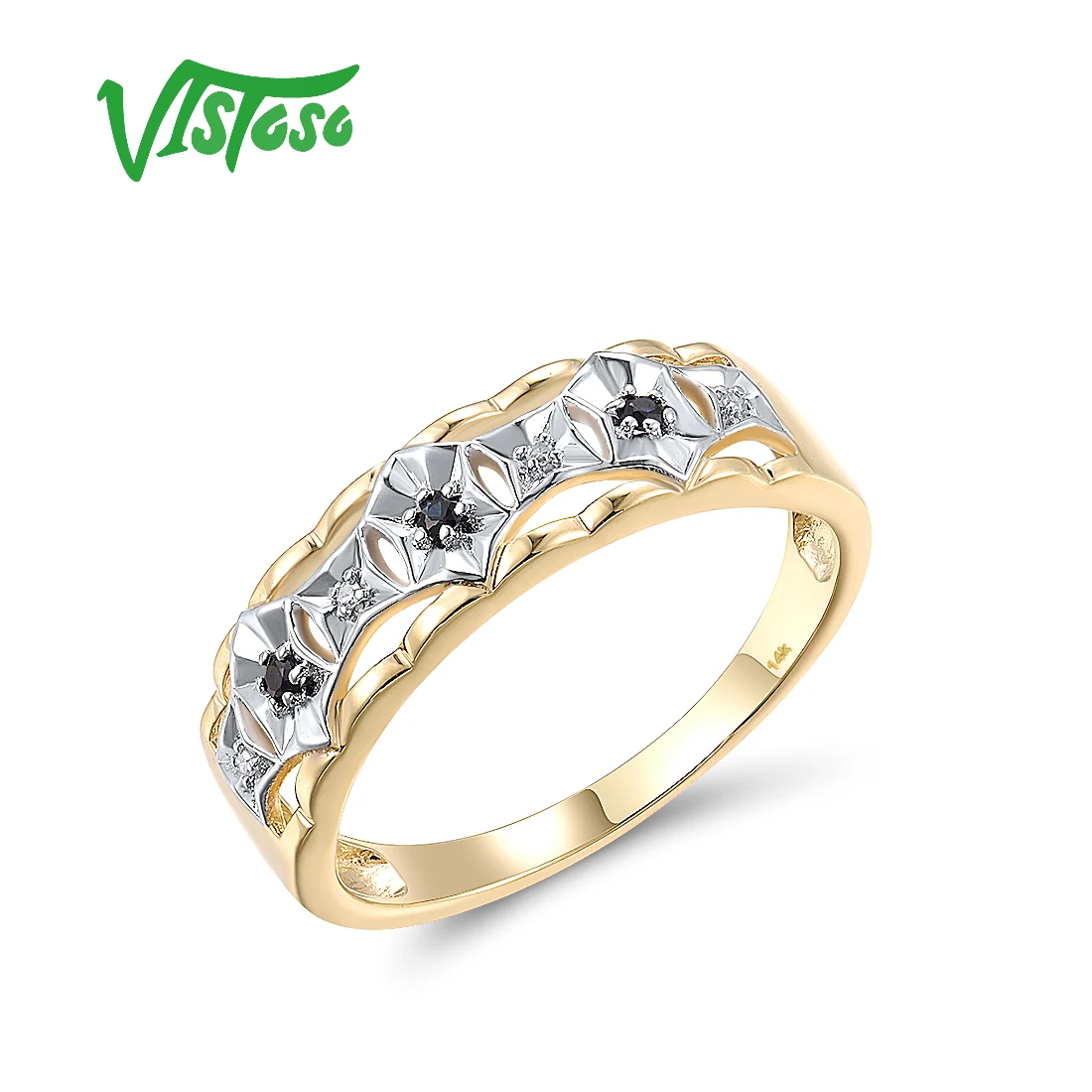 

VISTOSO Real 14K 585 Yellow Gold Ring For Women Sparkling Diamond Sapphire Band Simple Engagement Wedding Fashion Fine Jewelry