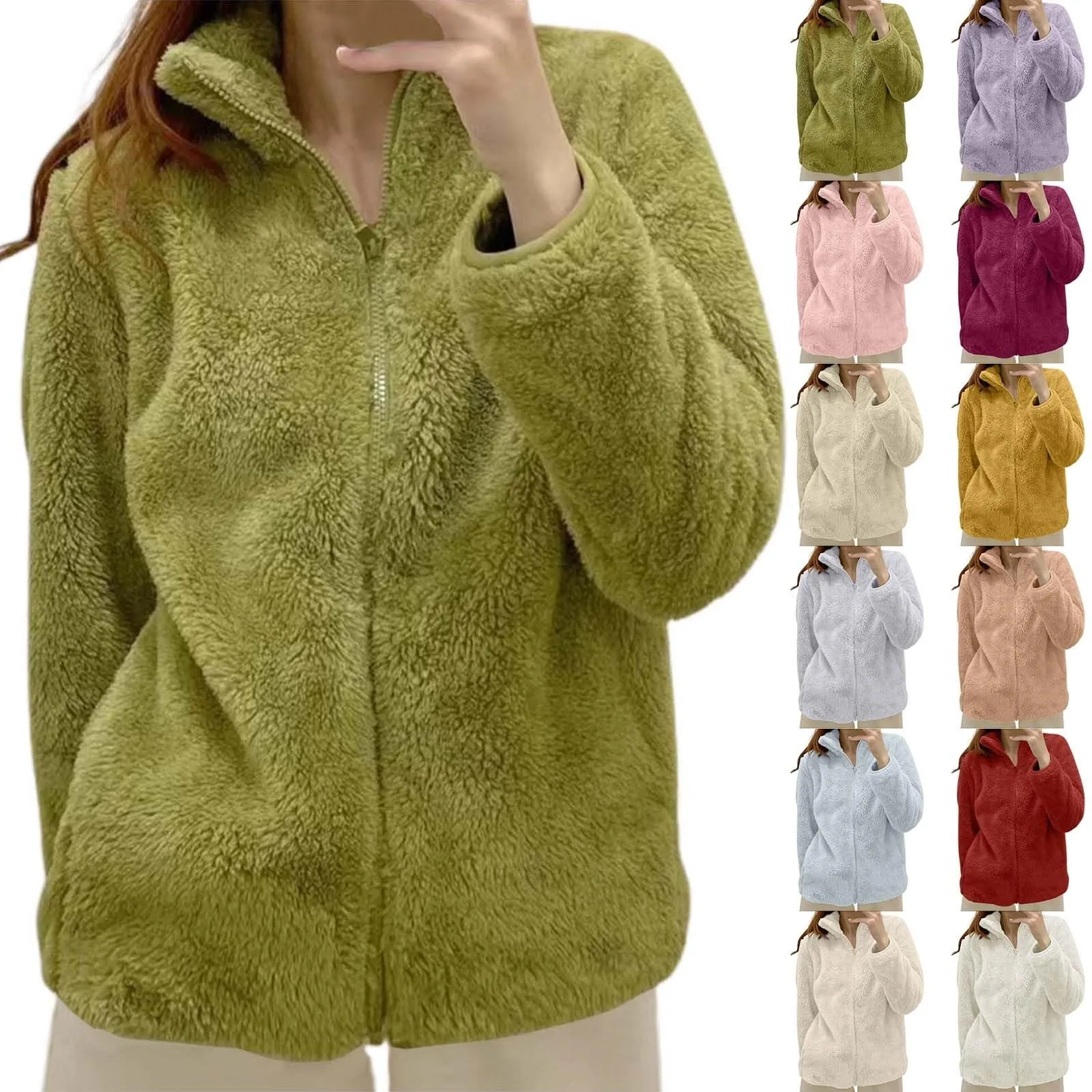 Nuevo Otoño/Invierno cuello alto Color sólido abrigo holgado cálido suéter Coral polar con cárdigan con cremallera chaqueta superior femenina