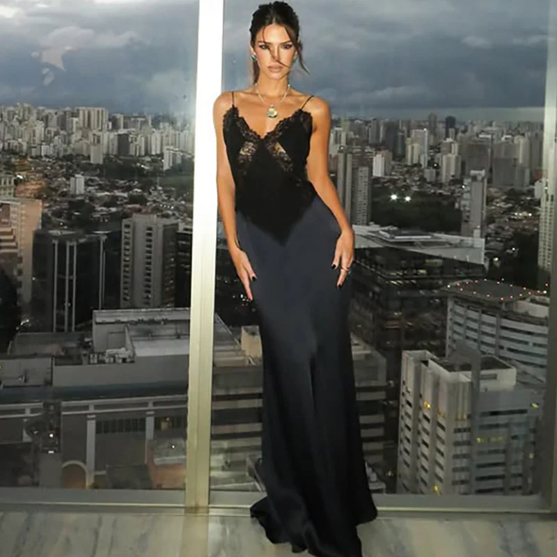 

Ticketsx Sexy Lace Sling Dress Elegant Backless Hollow Out See Through Patchwork Slim Dress New Women Luxury Party Evening Dress