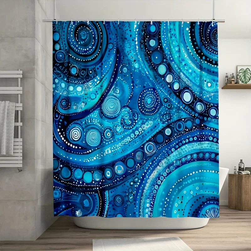 

1pc Vibrant Blue Ethnic Curtain, Swirling Circles on Turquoise,Durable Polyester, Easy-Clean, Plastic Hooks, Bath/Window Decor