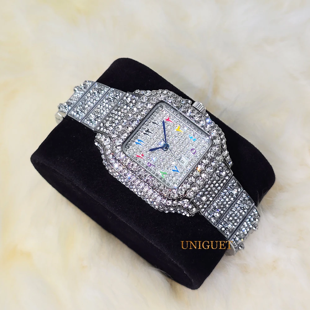 Mini Watches For Women Diamond Iced Watch With Colorful Number Blue Point Square Dial Small Wrist Watches Luxury Dropshipping