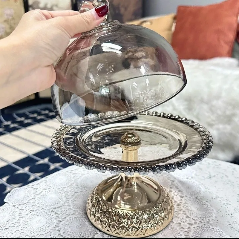 Tall Crystal Glass Dessert Plate Household Living Room Cake Dessert Table with Lid Love Fruit Plate Decorative Ornament