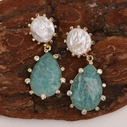 G-G Big Stone Natural Green Amazonite New Fashion Gold Plated CZ Paved White Pearl Stud Earrings For Women