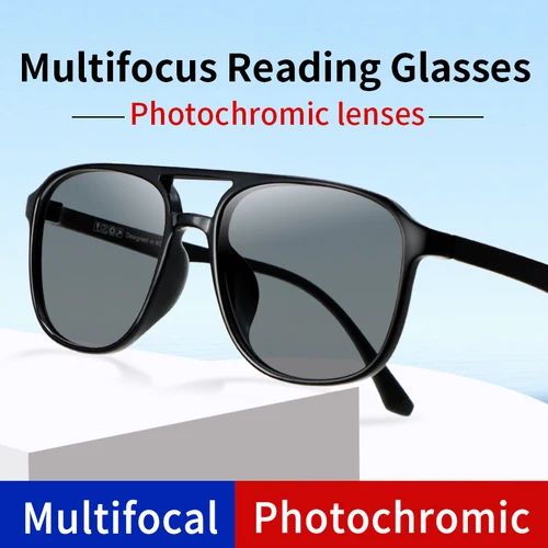 Gafas de lectura multifocales fotocromáticas progresivas para hombre, lentes fotocromáticas TR90, gafas de sol rectangulares negras de transición sin costuras