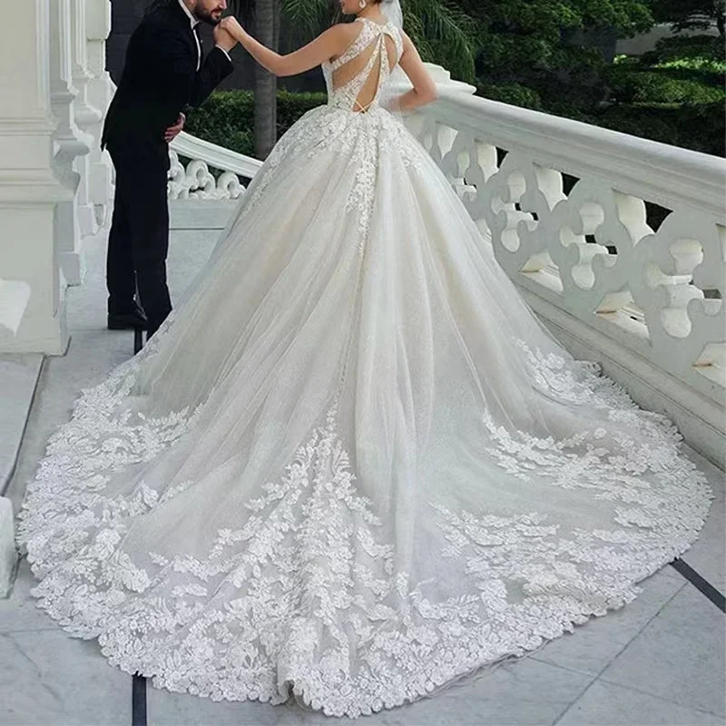 Personalizado princesa sem mangas rendas apliques vestidos de casamento trem varredura sexy split back vestidos de noiva robe de mariée champêtre