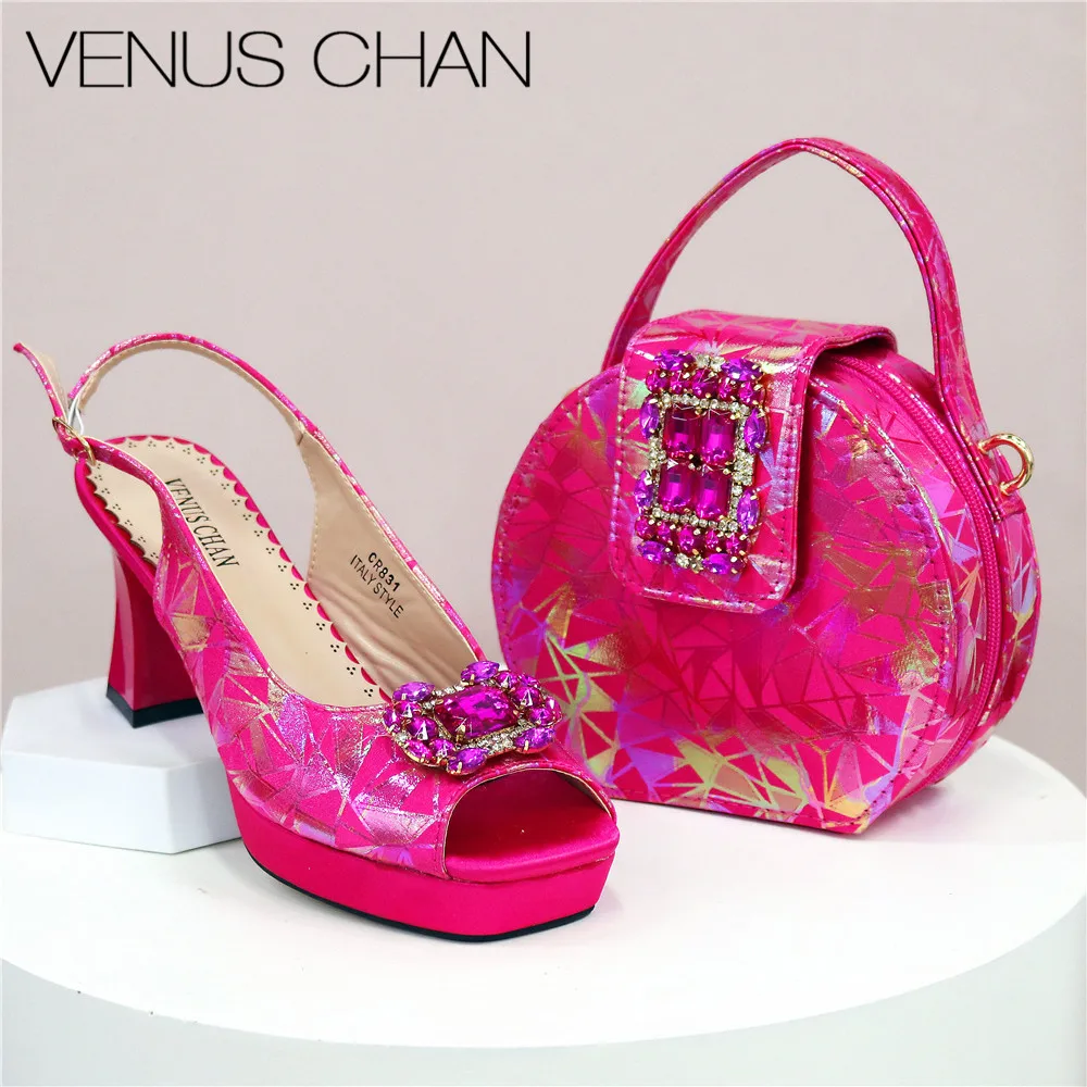 

Elegant Rhinestone Luxury Wedding Shoes & Matching Accessories Bag for Women Heels Stylish Peep Toe Silver Newest Design