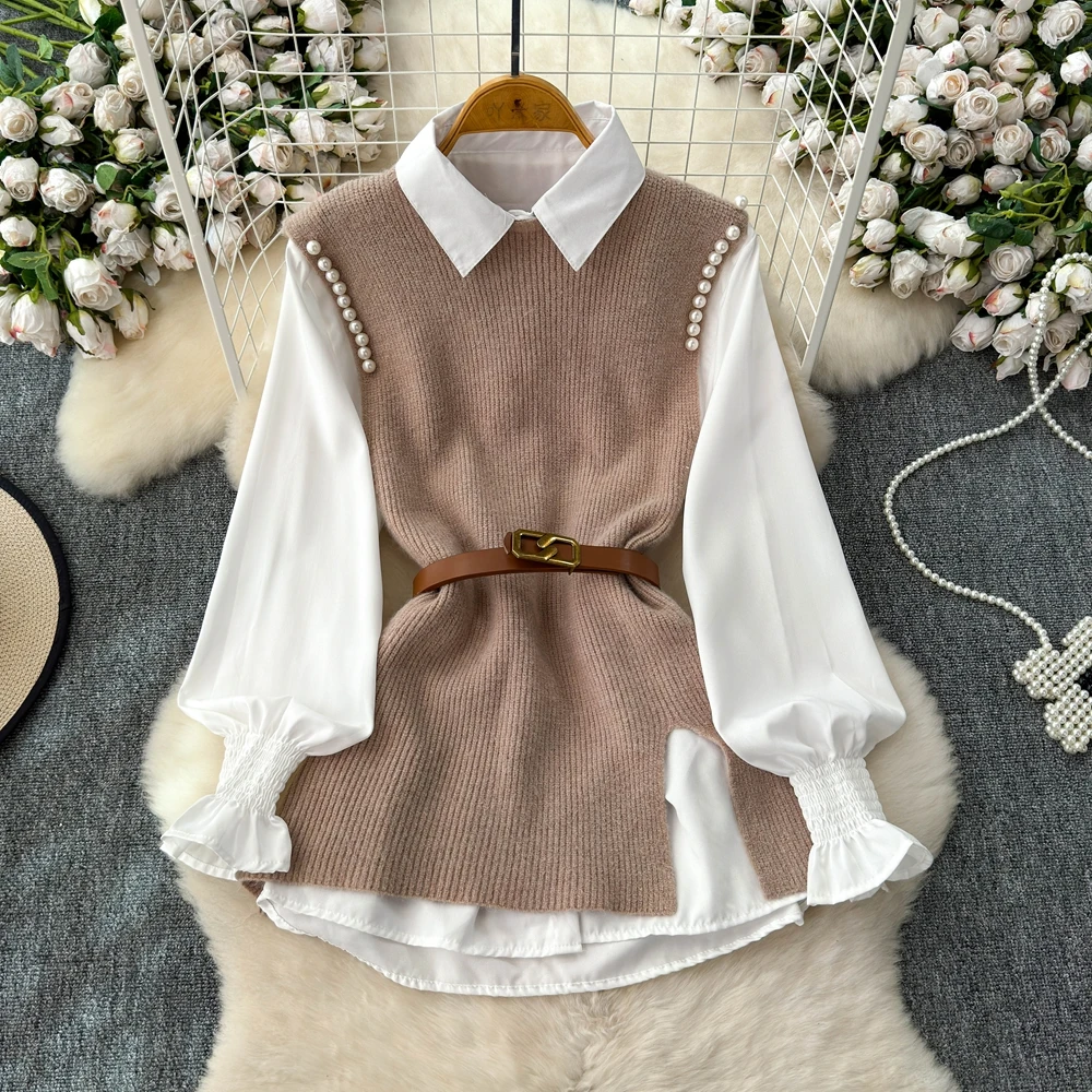 Autumn Winter Shirt Knitted Vest Two-Piece Set for Women Small Fragrant Blouse With Vest Two Piece Shirt Set