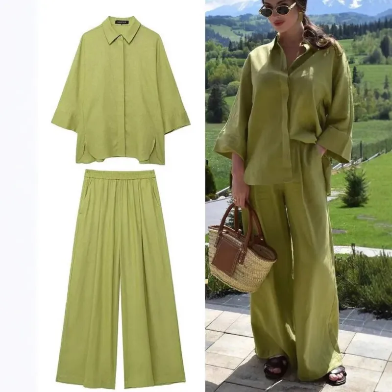 

Women 2 Piece Set Solid Color Slit Hem Shirt + Elastic Waist Pocket Folds Wide Leg Pant Suit Casual Loose Outfit Top Pants Sets