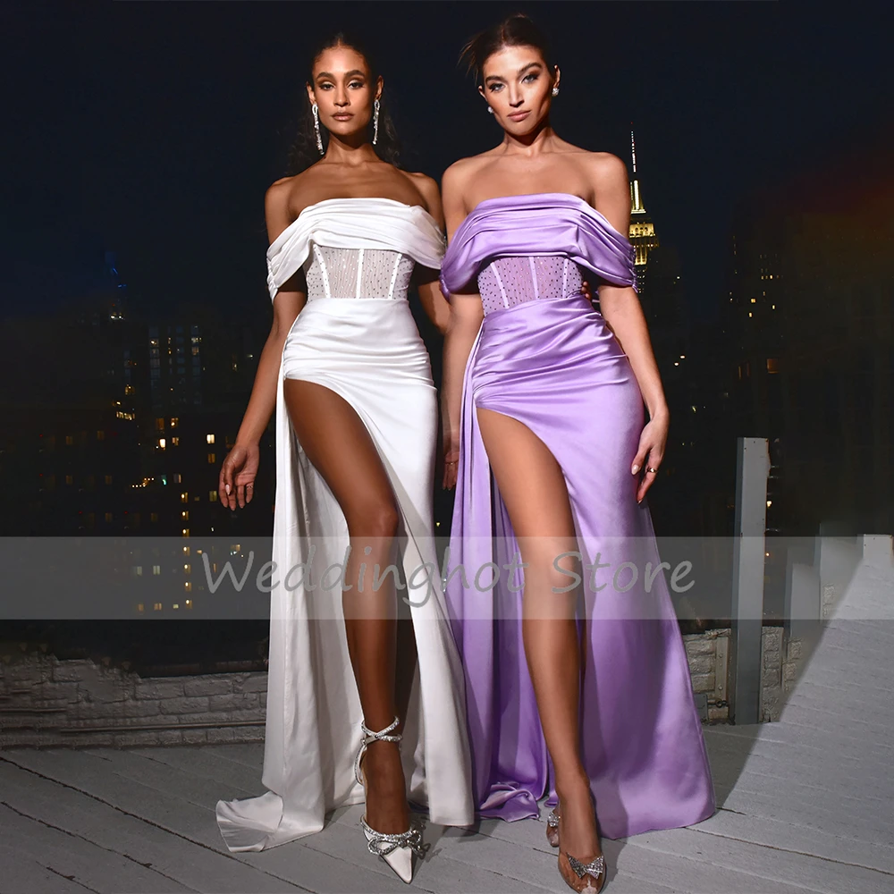 Lavender Evening Dresses Sexy Off the Shoulder High Slit Mermaid Evening Gowns for Women 2023 Satin Draped Crystal Prom Dresses