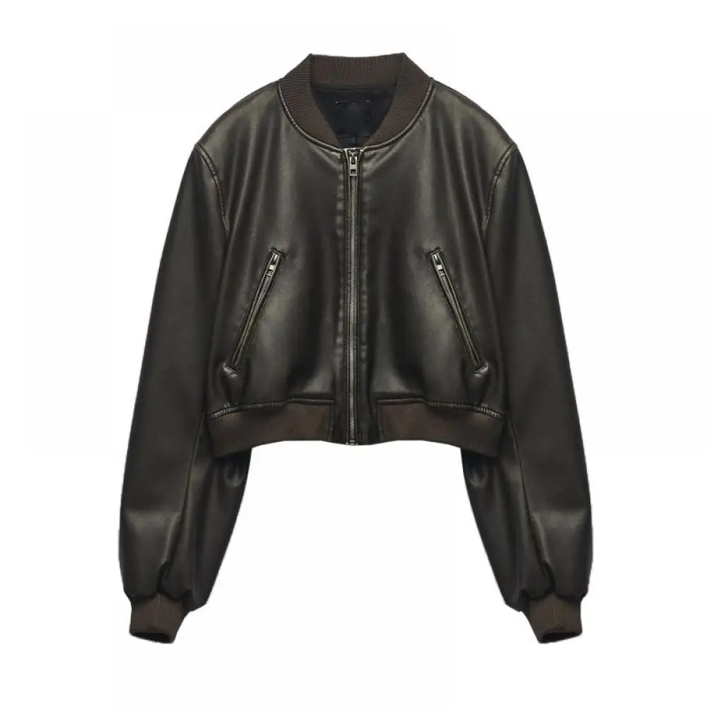 Street-Style Cropped Jacket Stand Collar Motorcycle Pilot Coats Commuter Slim Leather Stylish All-In-One Coat Outing Jackets