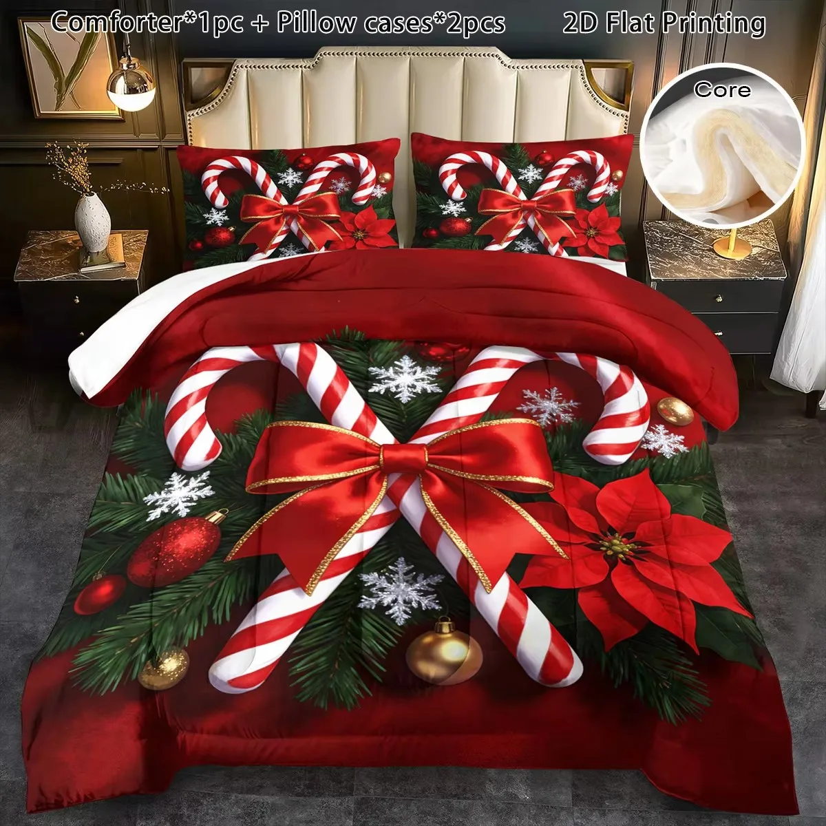 Christmas Red Floral Duvet Cover Set, Three-Piece Bedding Set (1*Duvet Cover + 2*Pillowcases), Festive Party Atmosphere Decoration, Suitable for All Seasons, Machine Washable, Invisible Zipper Design, Large Double Bed Cover Set, Suitable for Home, Dormitory, Master Bedroom, Guest Room, Ins-Style Japanese Floral and Animal Pattern Bedding, Specially Designed for Comfort and Skin-Friendly Bedding, Bedroom Decoration and Sleep Essentials, 2D Flat Print