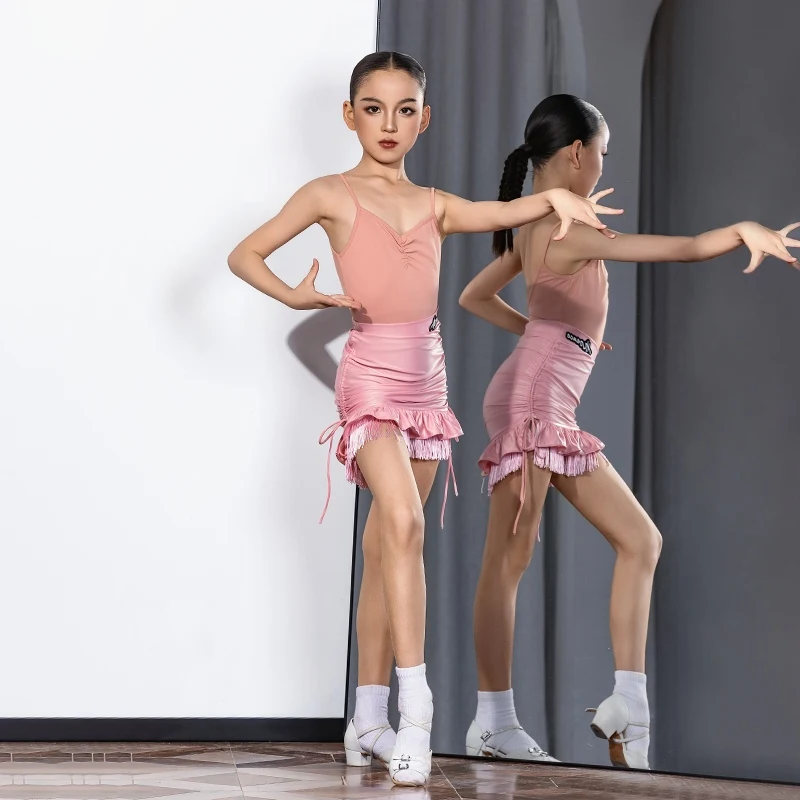 New Girls Latin Dance Costumes Performance Pink Jumpsuit Tassels Skirt Split Suit Chacha Rumba Tango Latin Dance Wear DN20684