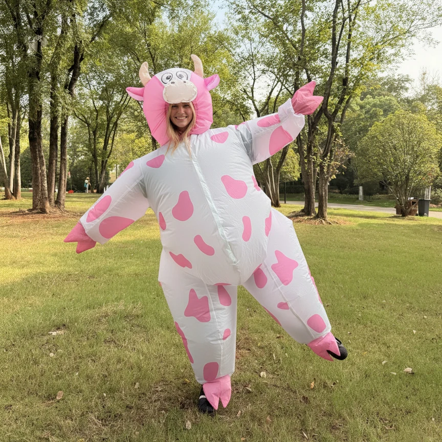 Adult Inflatable Cow Costume Funny Blow Up Animal Suit Unisex for Christmas Thanksgiving Carnival Party Cosplay(155-190CM)